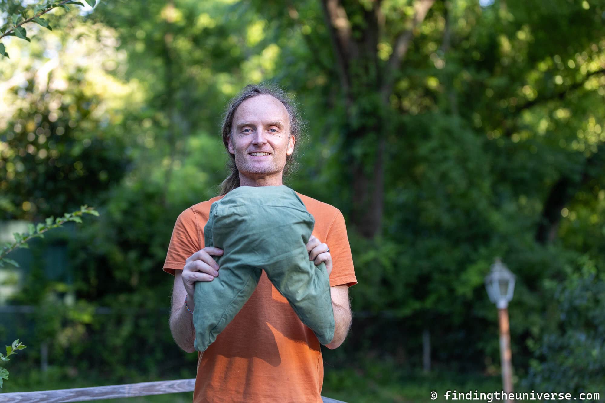 Laurence holding home made bean bag by Laurence Norah
