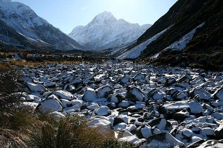 Snow covered rocks to Mount Cook Snow covered rocks to Mount Cook